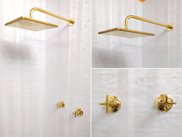 Antique Brass Shower System – Square Rain Shower Head with Dual Cross Handles