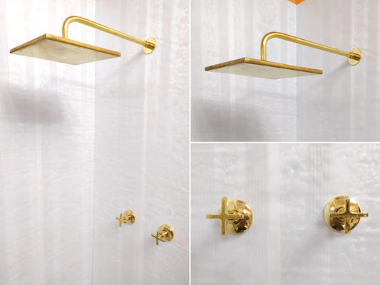 Antique Brass Shower System – Square Rain Shower Head with Dual Cross Handles