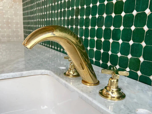 Handmade Brass Widespread Bathroom Faucet – Curved Spout with Cross Handles