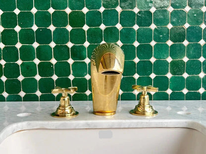 Handmade Brass Widespread Bathroom Faucet – Curved Spout with Cross Handles