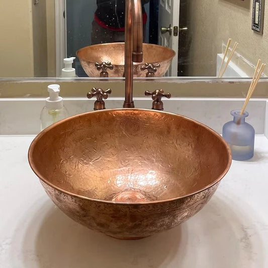 Handmade Solid Copper Vessel Sink – Decorative Round Bathroom Bowl