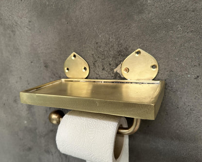 Solid Brass Toilet Paper Holder with Shelf – Handmade Wall Mount Accessory