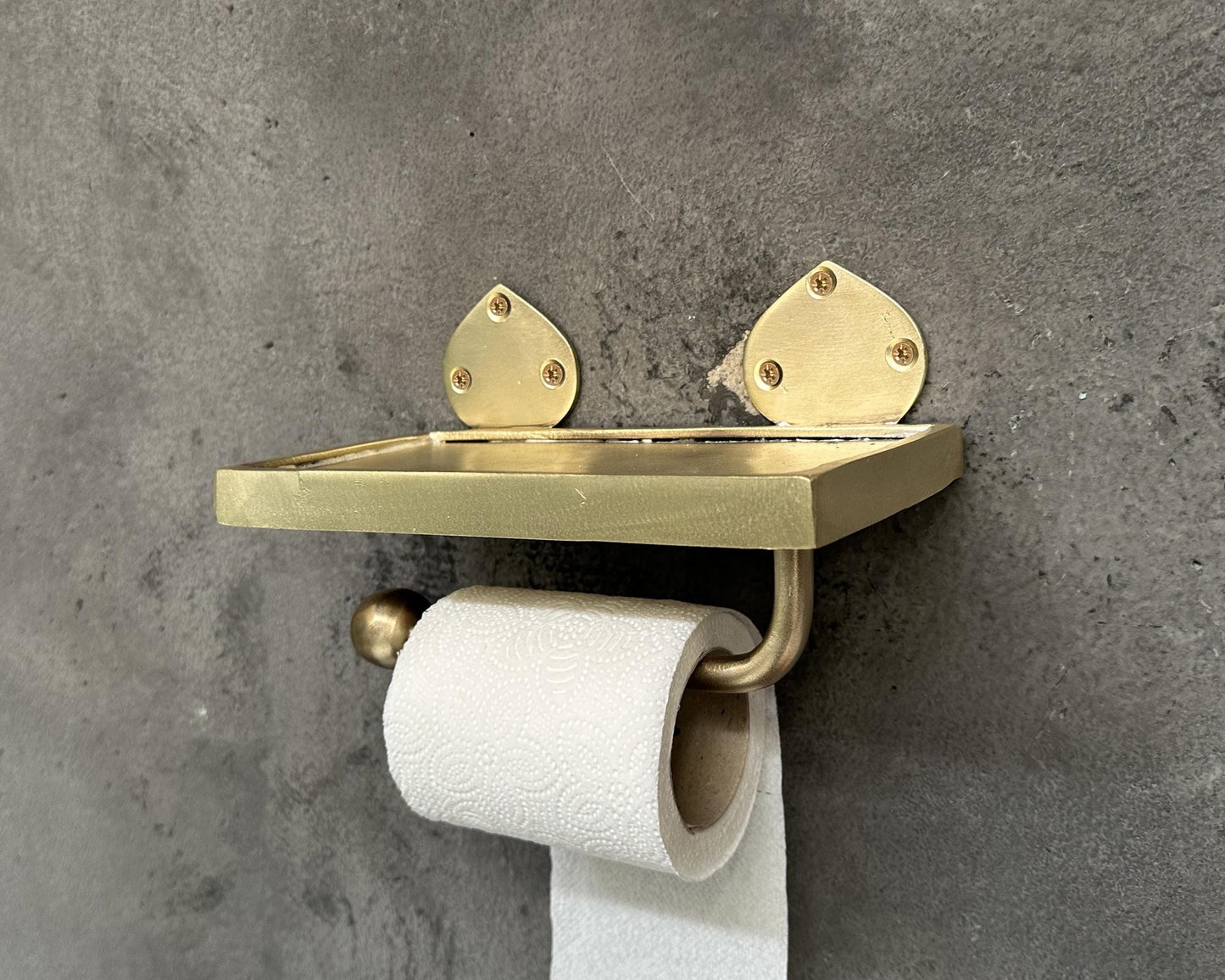Solid Brass Toilet Paper Holder with Shelf – Handmade Wall Mount Accessory