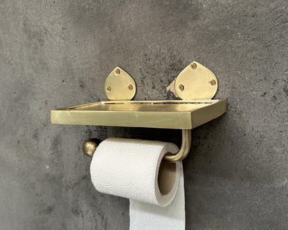 Solid Brass Toilet Paper Holder with Shelf – Handmade Wall Mount Accessory