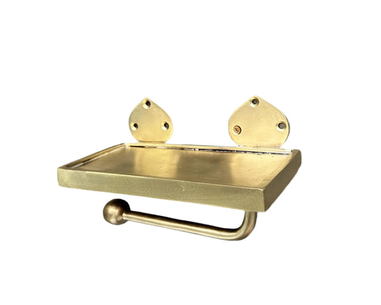 Solid Brass Toilet Paper Holder with Shelf – Handmade Wall Mount Accessory