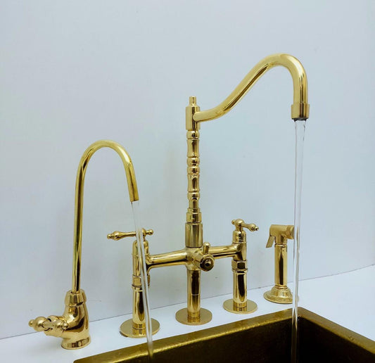 Luxury Brass Bridge Kitchen Faucet with Side Sprayer & Drinking Tap - Brasska