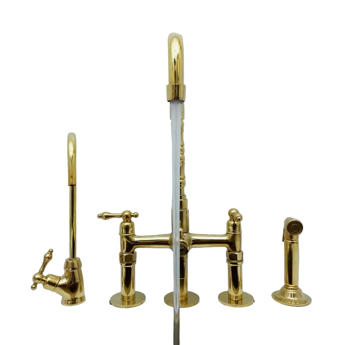 Luxury Brass Bridge Kitchen Faucet with Side Sprayer and Drinking Tap in polished brass finish by Brasska.