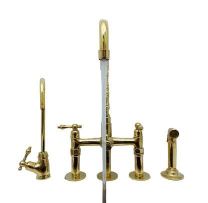 Luxury Brass Bridge Kitchen Faucet with Side Sprayer and Drinking Tap in polished brass finish by Brasska.