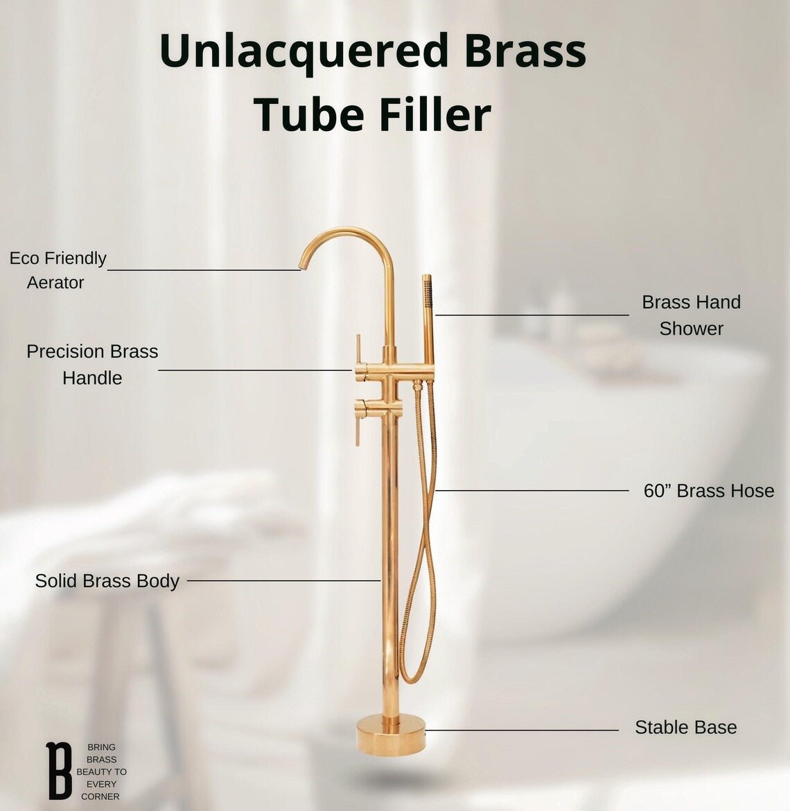 Luxury Brass Freestanding Tub Faucet with Hand Shower – Modern Floor Mounted Bath Filler - Brasska