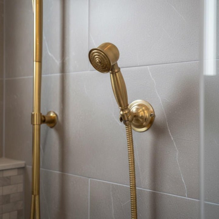 Luxury Brass Shower Set – Vintage Wall Mounted Rainfall Shower with Handheld Sprayer | Antique Gold Finish - Brasska