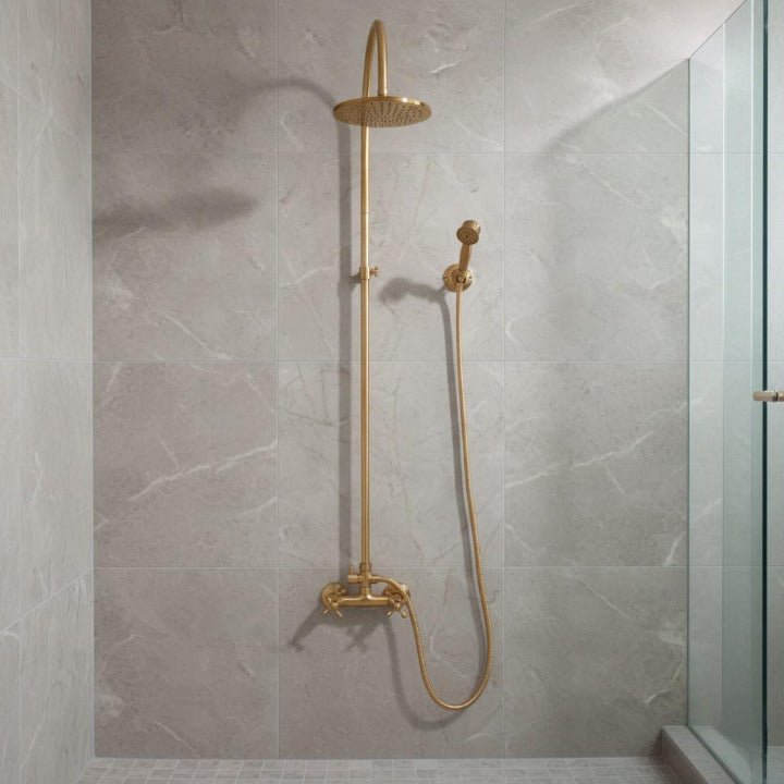 Luxury Brass Shower Set – Vintage Wall Mounted Rainfall Shower with Handheld Sprayer | Antique Gold Finish - Brasska
