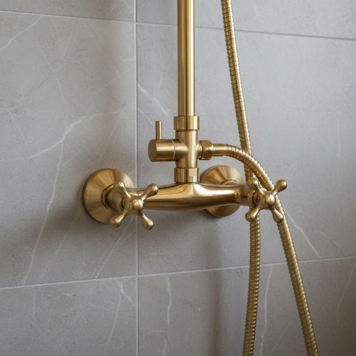 Luxury Brass Shower Set – Vintage Wall Mounted Rainfall Shower with Handheld Sprayer | Antique Gold Finish - Brasska