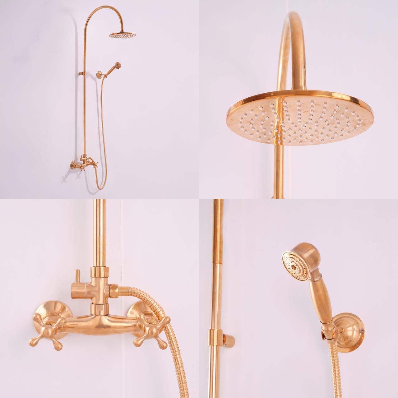Luxury Brass Shower Set – Vintage Wall Mounted Rainfall Shower with Handheld Sprayer | Antique Gold Finish - Brasska