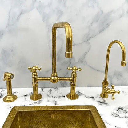Luxury Bridge Kitchen Faucet Set with Side Sprayer and Soap Dispenser in unlacquered brass finish by Brasska