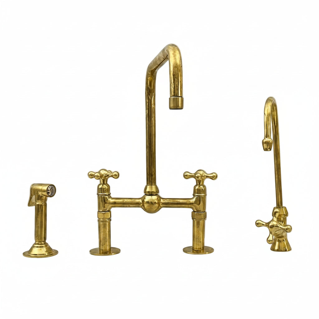 Luxury Bridge Kitchen Faucet Set with side sprayer and soap dispenser in unlacquered brass finish, made of durable brass for kitchen use.