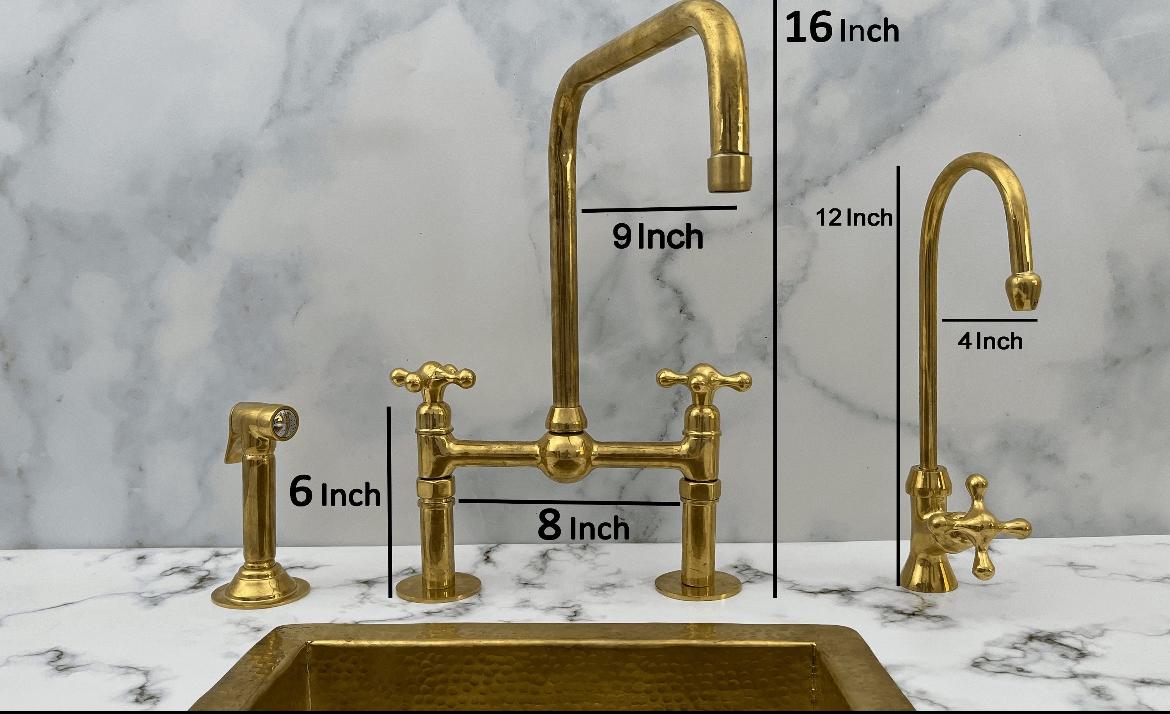 Luxury Bridge Kitchen Faucet Set with Side Sprayer and Soap Dispenser in unlacquered brass finish by Brasska