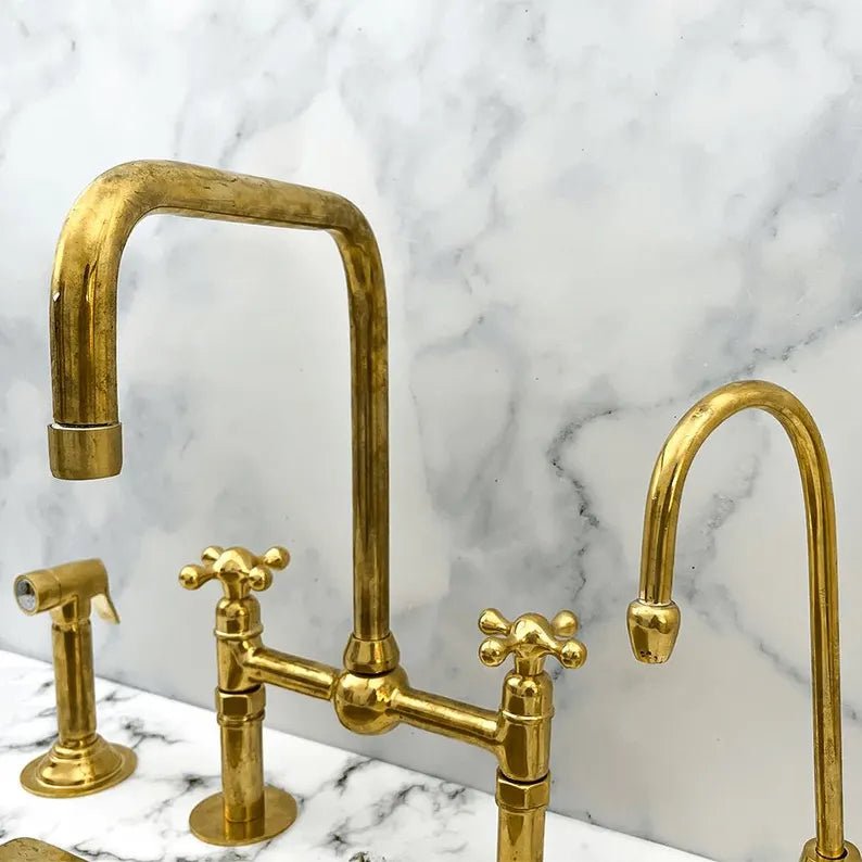 Luxury Bridge Kitchen Faucet Set with Side Sprayer and Soap Dispenser in Unlacquered Brass by Brasska