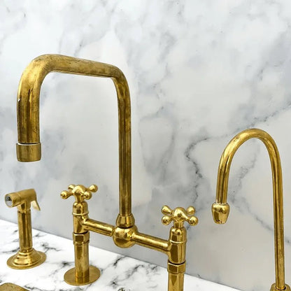 Luxury Bridge Kitchen Faucet Set with Side Sprayer and Soap Dispenser in Unlacquered Brass by Brasska