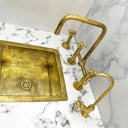Luxury Bridge Kitchen Faucet Set with Side Sprayer and Soap Dispenser in unlacquered brass finish by Brasska