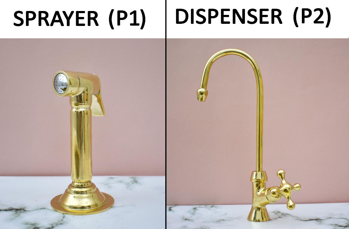 Luxury Bridge Kitchen Faucet Set with Side Sprayer and Soap Dispenser in unlacquered brass finish by Brasska