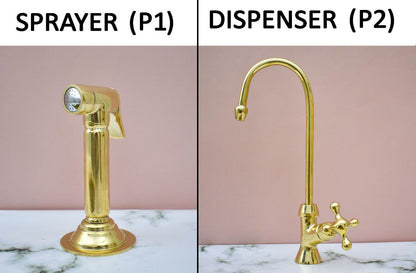 Luxury Bridge Kitchen Faucet Set with Side Sprayer and Soap Dispenser in unlacquered brass finish by Brasska