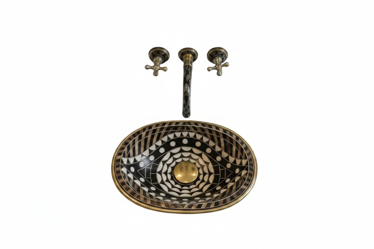 Luxury Handmade Brass Sink – Black & White Moroccan Design - Brasska