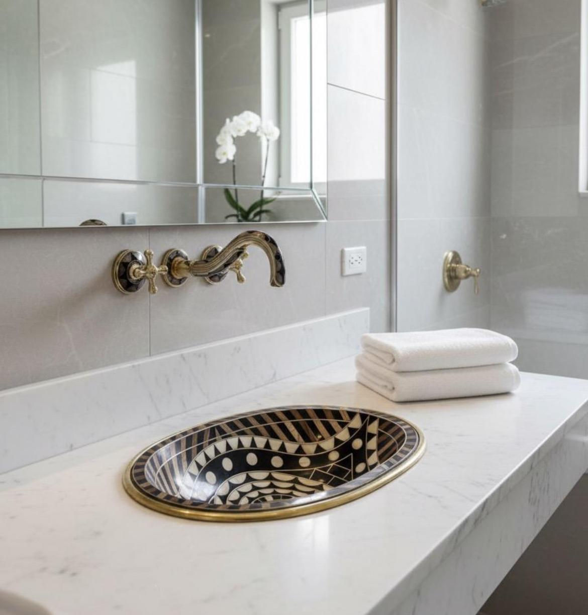 Luxury Handmade Brass Sink – Black & White Moroccan Design - Brasska