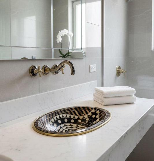 Luxury Handmade Brass Sink – Black & White Moroccan Design - Brasska
