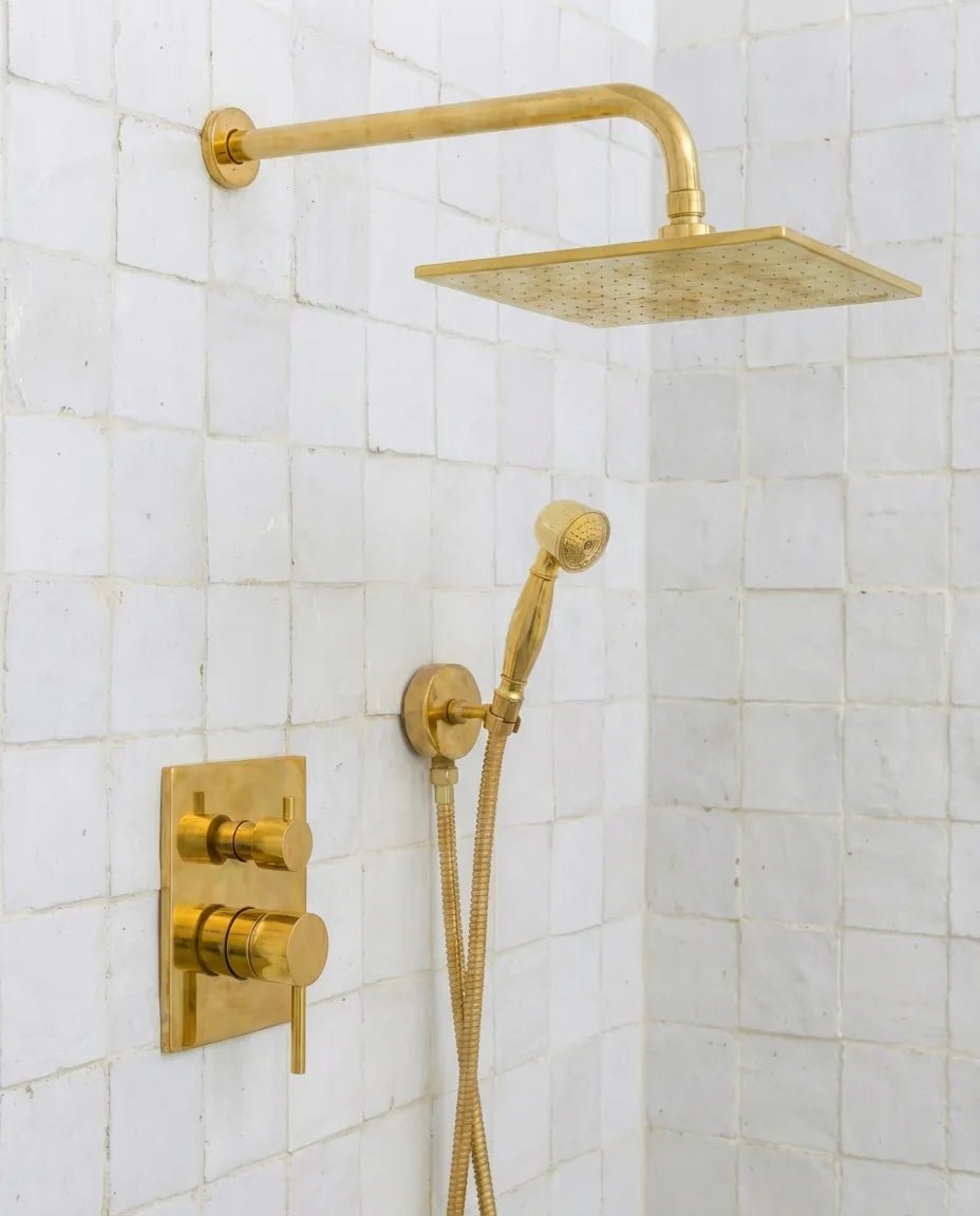 Luxury Unlacquered Brass Rain Shower System – Wall Mounted with Handheld Sprayer - Brasska