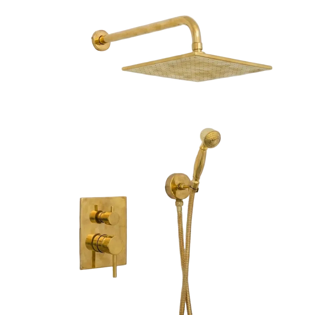 Luxury Unlacquered Brass Rain Shower System – Wall Mounted with Handheld Sprayer - Brasska