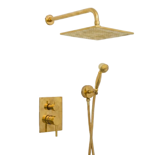 Luxury Unlacquered Brass Rain Shower System – Wall Mounted with Handheld Sprayer - Brasska