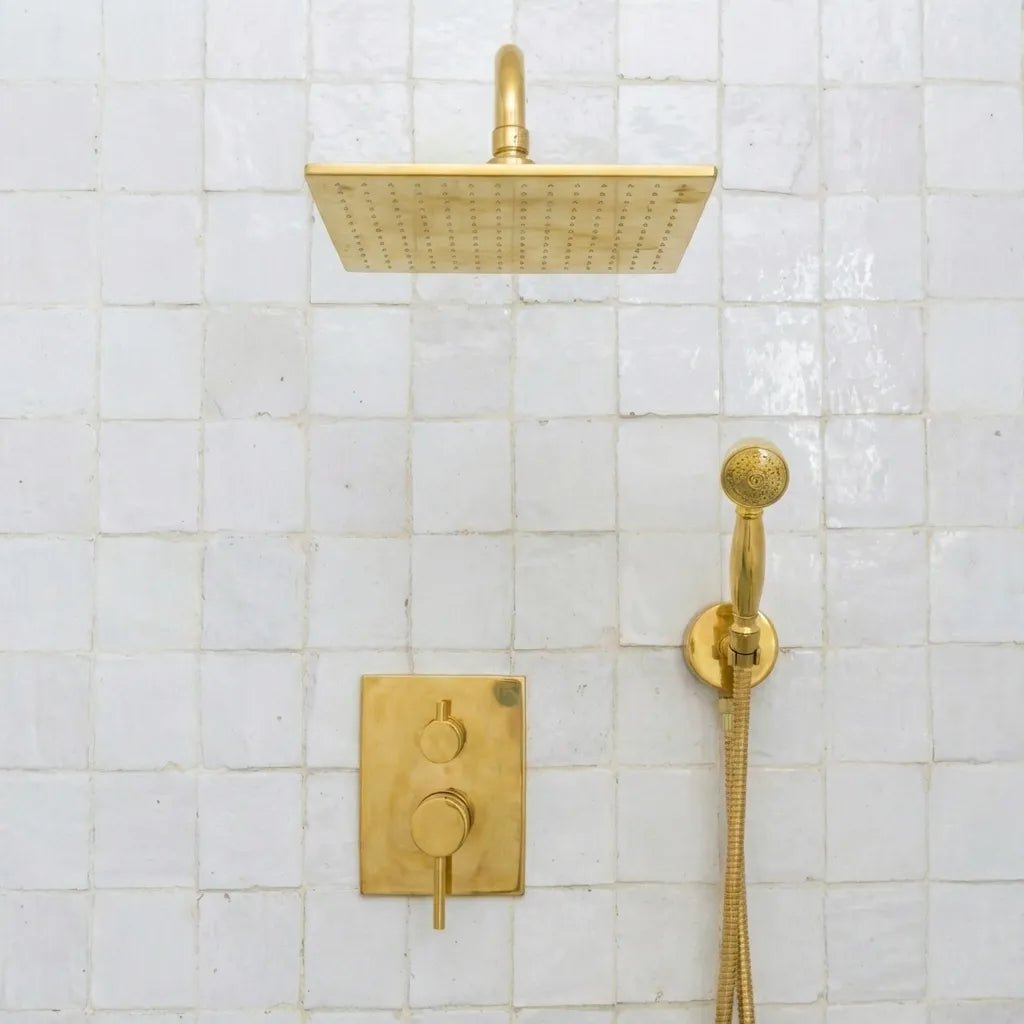 Luxury Unlacquered Brass Rain Shower System – Wall Mounted with Handheld Sprayer - Brasska