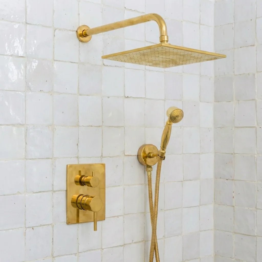 Luxury Unlacquered Brass Rain Shower System – Wall Mounted with Handheld Sprayer - Brasska