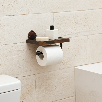 Handmade Aged Copper Toilet Paper Holder with Shelf – Rustic Wall Mounted Bathroom Hardware