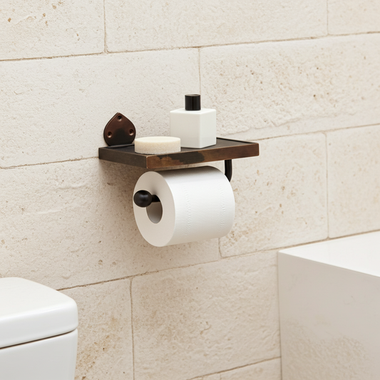 Handmade Aged Copper Toilet Paper Holder with Shelf – Rustic Wall Mounted Bathroom Hardware