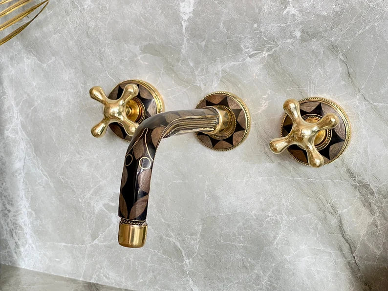Elegant Wall-Mount Brass Faucet with Black Inlay – Handmade Unlacquered Brass Bathroom Fixture