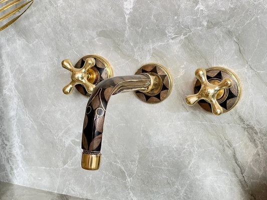 Elegant Wall-Mount Brass Faucet with Black Inlay – Handmade Unlacquered Brass Bathroom Fixture