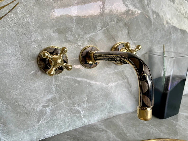 Elegant Wall-Mount Brass Faucet with Black Inlay – Handmade Unlacquered Brass Bathroom Fixture