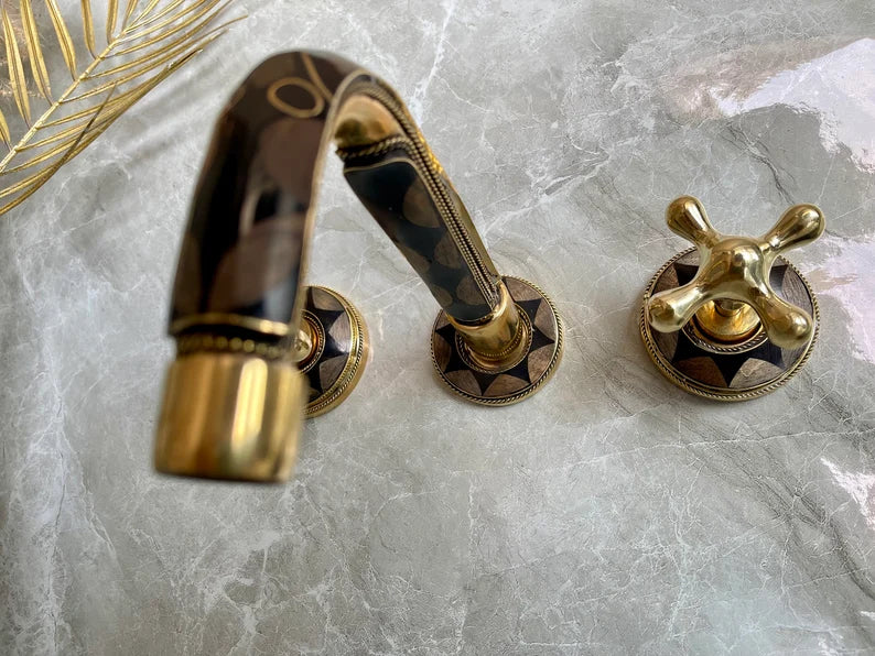 Elegant Wall-Mount Brass Faucet with Black Inlay – Handmade Unlacquered Brass Bathroom Fixture