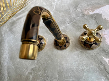 Elegant Wall-Mount Brass Faucet with Black Inlay – Handmade Unlacquered Brass Bathroom Fixture