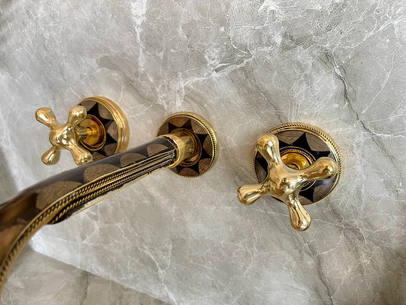 Elegant Wall-Mount Brass Faucet with Black Inlay – Handmade Unlacquered Brass Bathroom Fixture