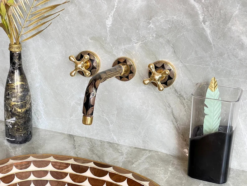 Elegant Wall-Mount Brass Faucet with Black Inlay – Handmade Unlacquered Brass Bathroom Fixture