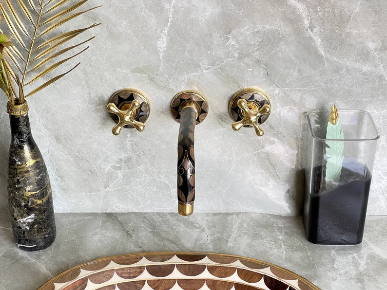 Elegant Wall-Mount Brass Faucet with Black Inlay – Handmade Unlacquered Brass Bathroom Fixture