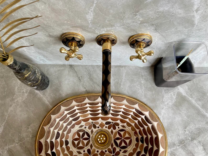 Elegant Wall-Mount Brass Faucet with Black Inlay – Handmade Unlacquered Brass Bathroom Fixture