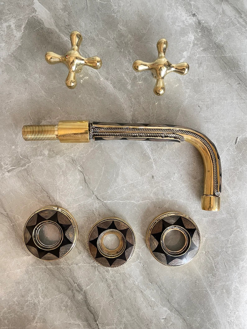 Elegant Wall-Mount Brass Faucet with Black Inlay – Handmade Unlacquered Brass Bathroom Fixture