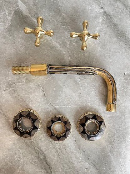 Elegant Wall-Mount Brass Faucet with Black Inlay – Handmade Unlacquered Brass Bathroom Fixture
