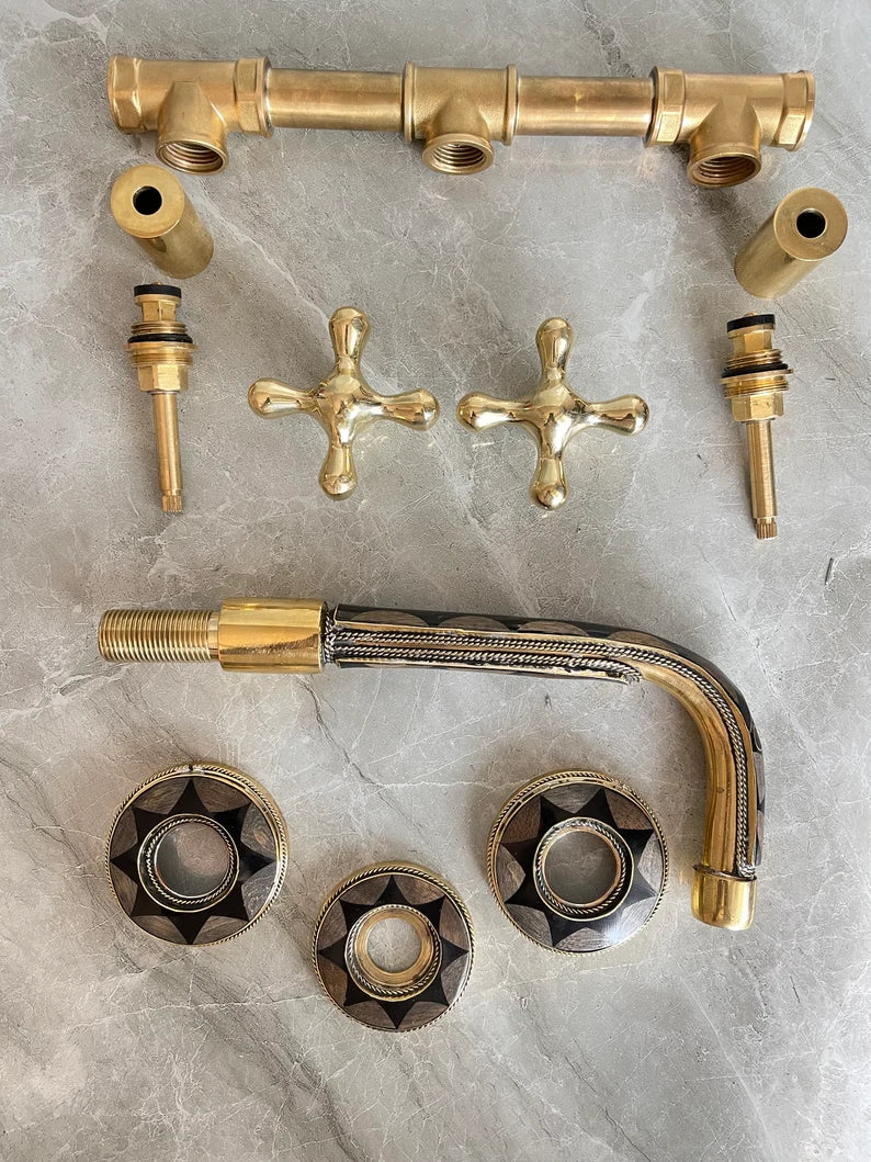 Elegant Wall-Mount Brass Faucet with Black Inlay – Handmade Unlacquered Brass Bathroom Fixture
