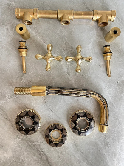 Elegant Wall-Mount Brass Faucet with Black Inlay – Handmade Unlacquered Brass Bathroom Fixture