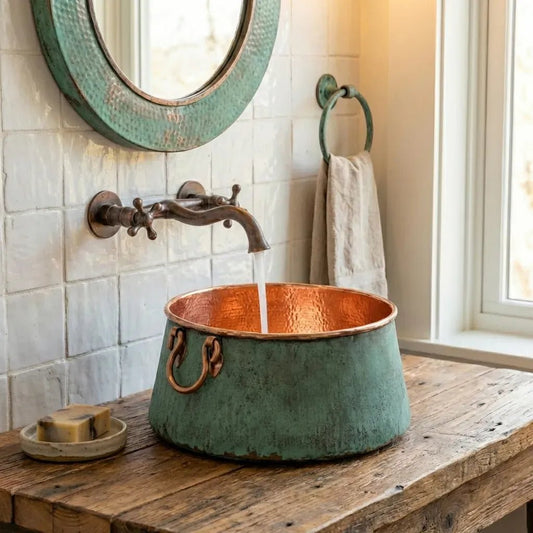 Oxidized Copper Bucket Vessel Sink – Handmade Bathroom Washbasin - Brasska