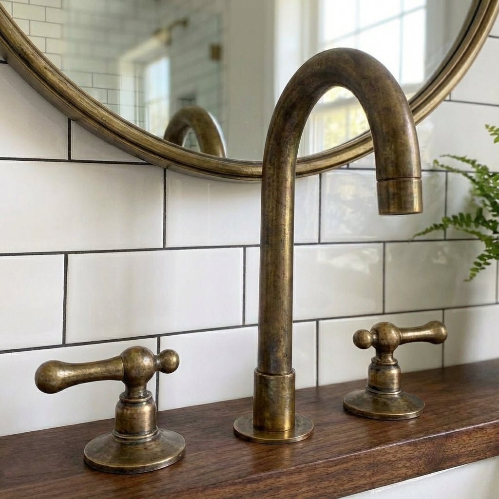 Patina Brass Widespread Bathroom Faucet with Cross Handles - Brasska